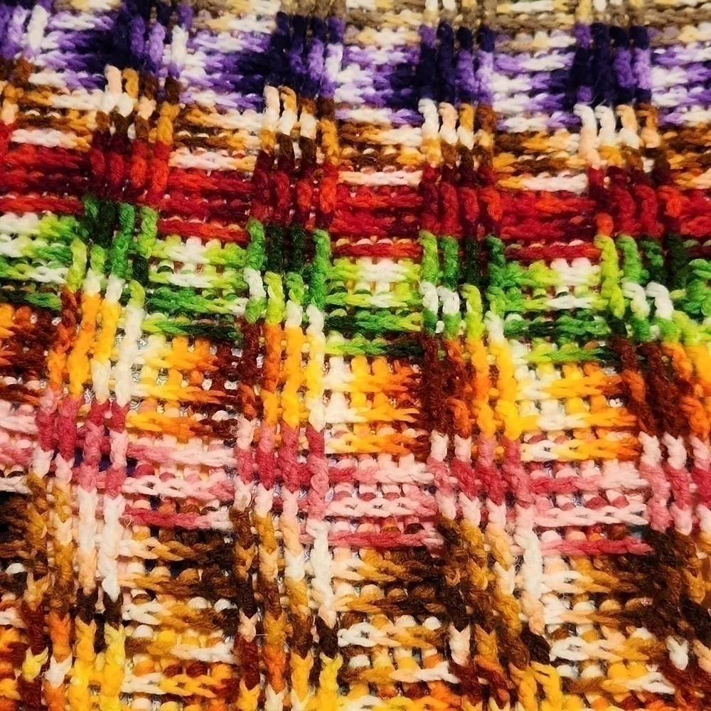 Crocheted Afghan Bedspread multi color 1970s Huge